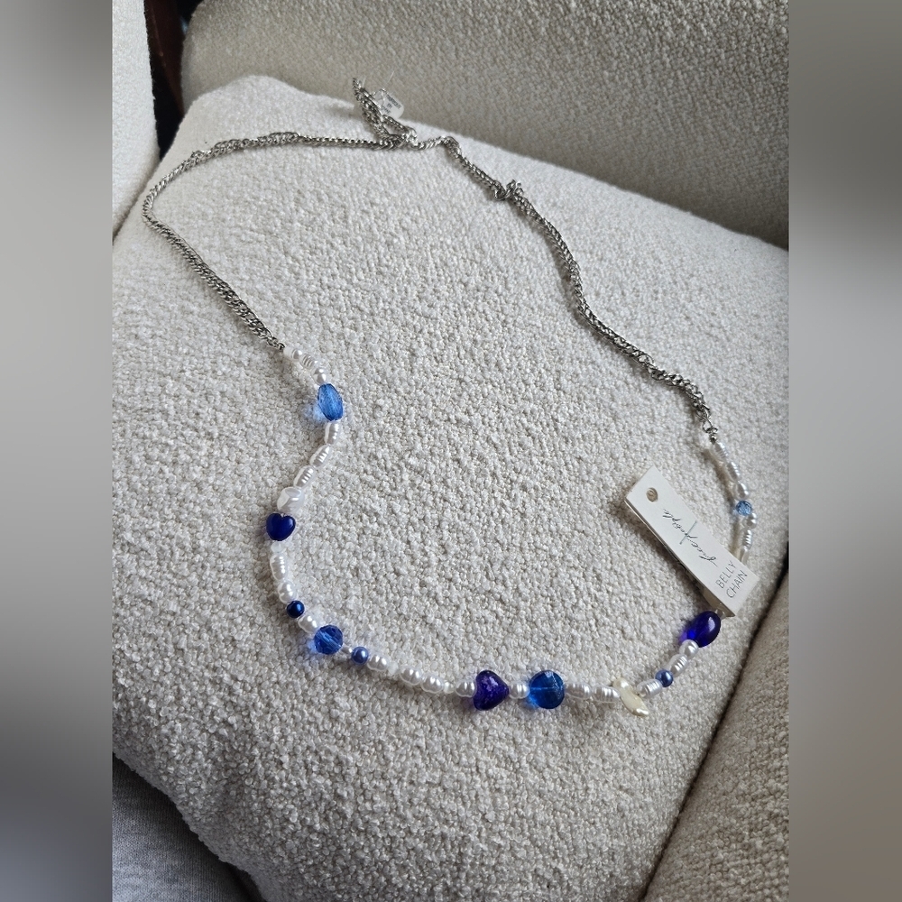 NWT! Free People, Beachy Blue Bead, Pearl And Silver Belly Chain, MSRP $38